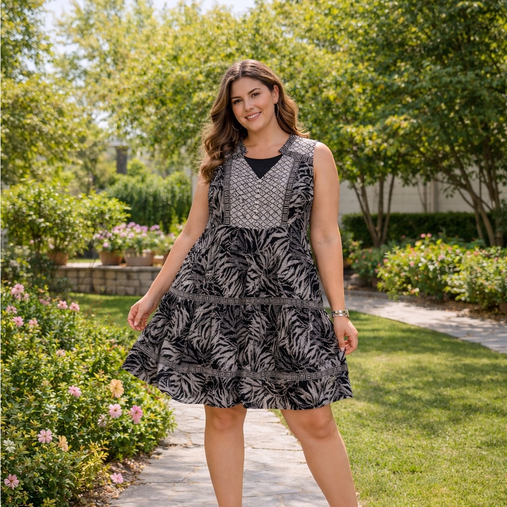 Style & Co Plus Size PXL Black White Tiered Dress Boho Flowy Summer Casual